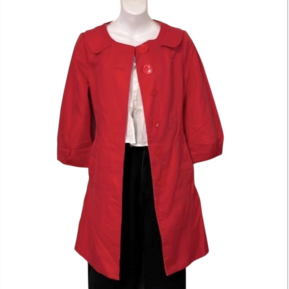 H&M Women’s Cherry Red Linen Blend Button Down 3/4 Sleeve Belted Trench Coat 6